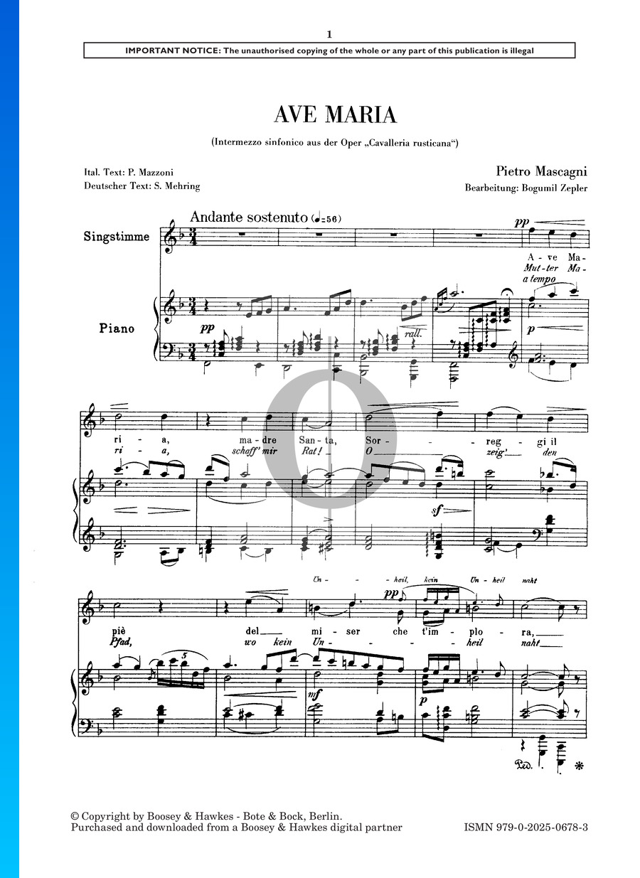 Cavalleria Rusticana, Ave Maria (Pietro Mascagni) Piano Sheet Music - OKTAV