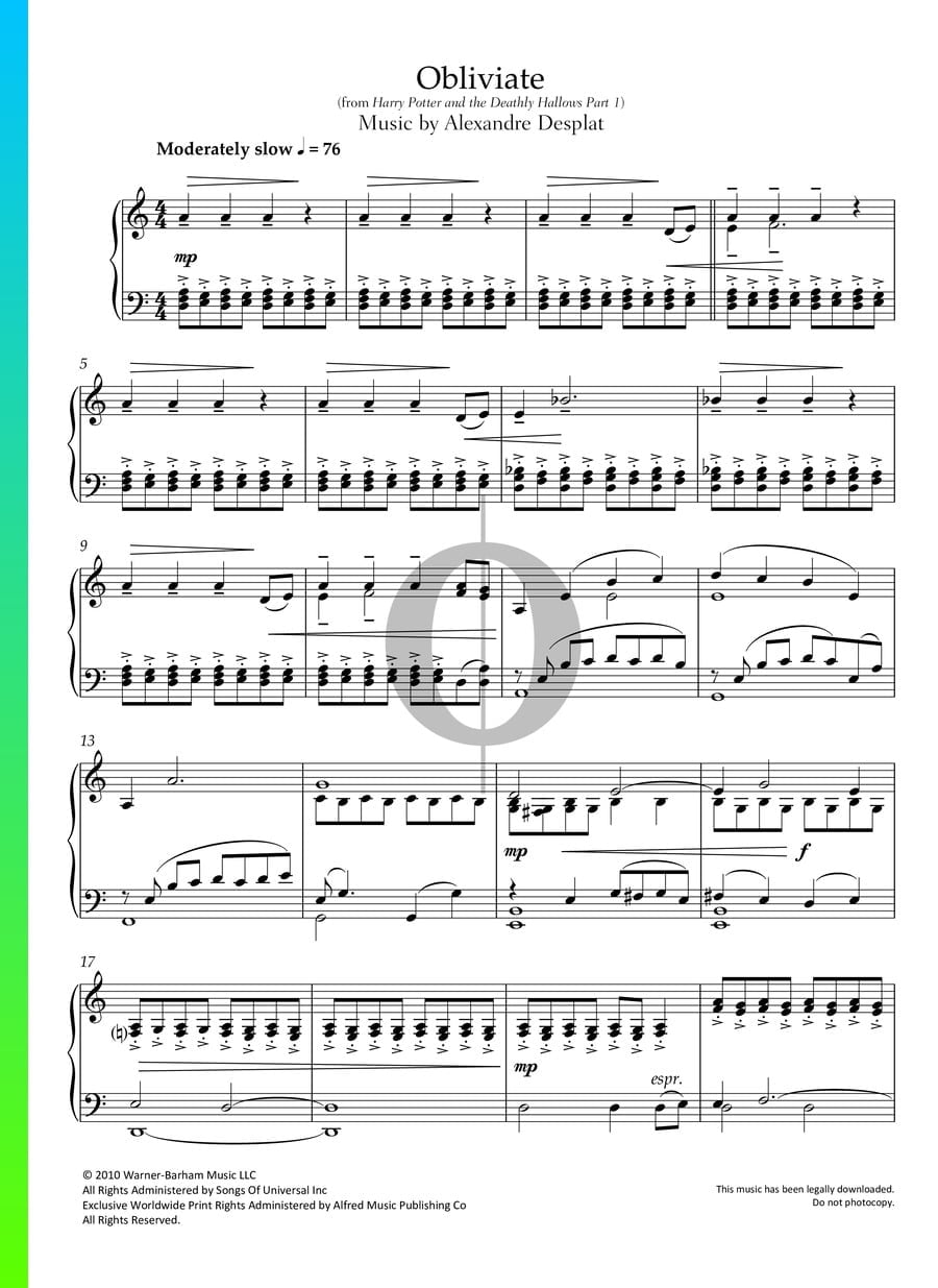 Obliviate Piano Sheet Music from Harry Potter and the Deathly Hallows ...