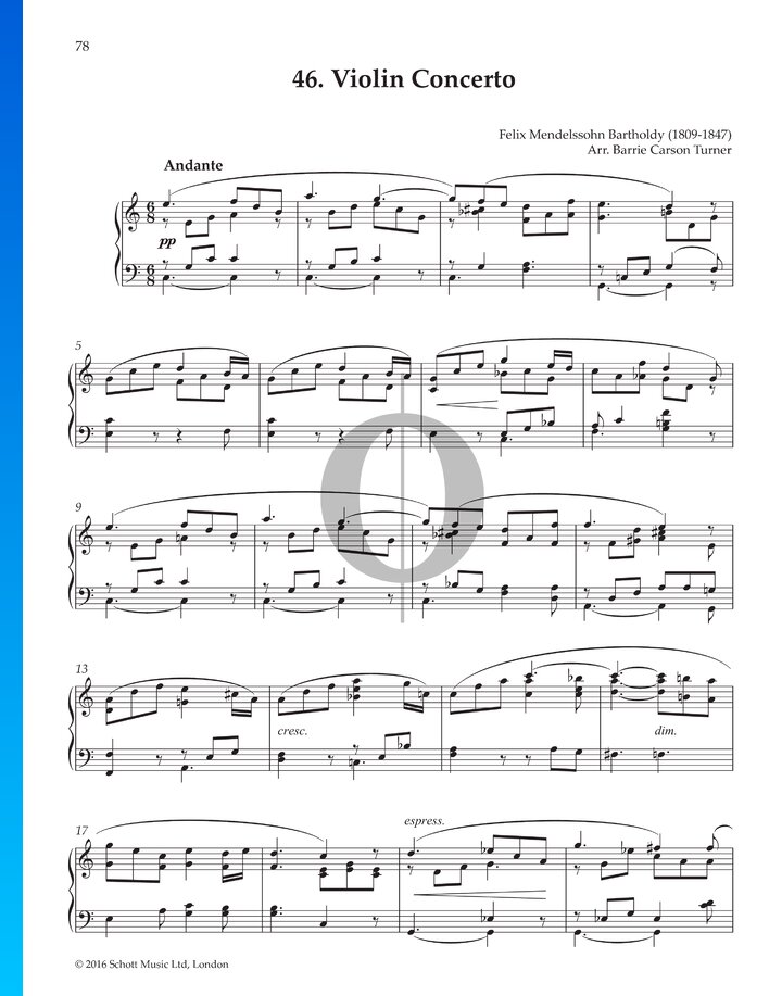 Violinkonzert eMoll, Op 64 2. Andante Noten (Piano Solo) von Felix Mendelssohn Bartholdy OKTAV