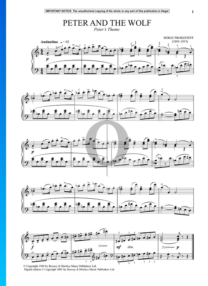Peter und der Wolf, Op. 67 Peters Thema Klaviernoten (Sergei Prokofiev
