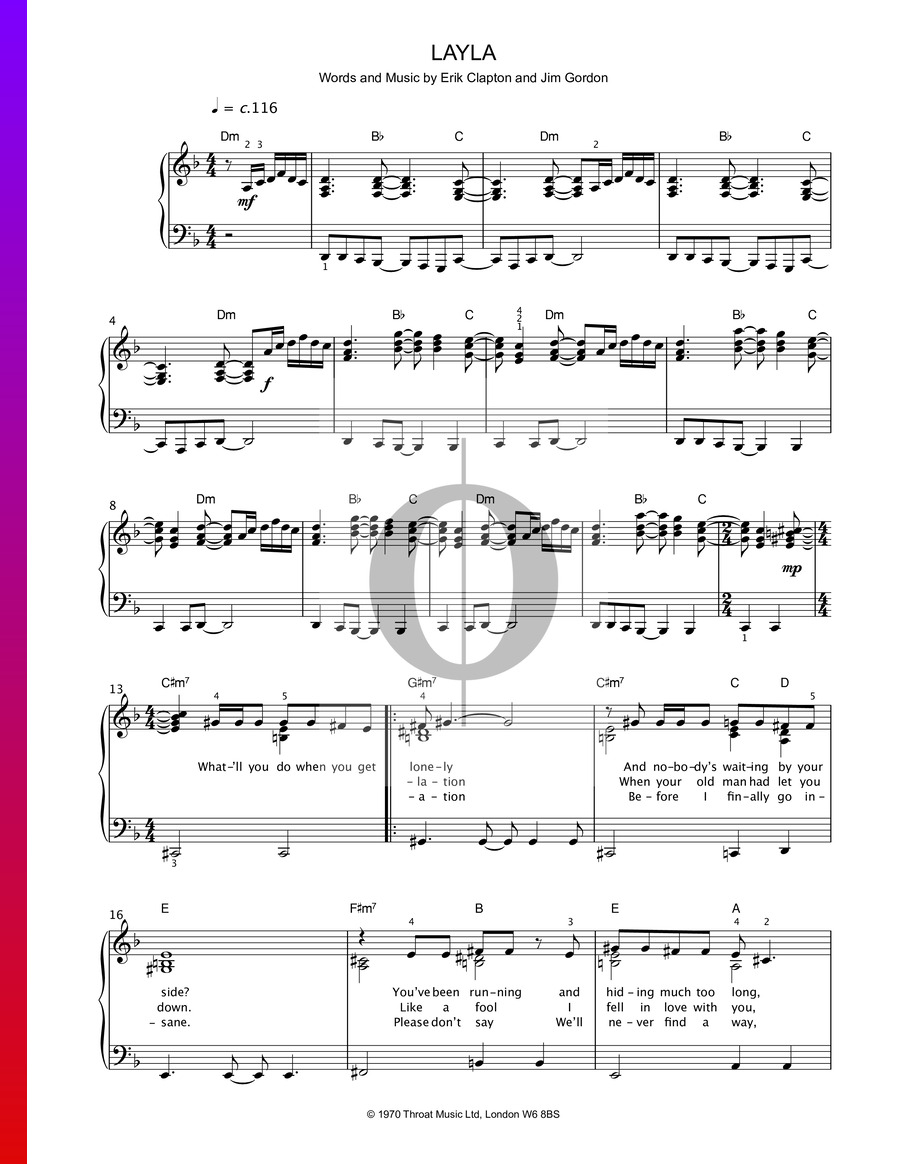 Layla (Eric Clapton) Piano Sheet Music OKTAV