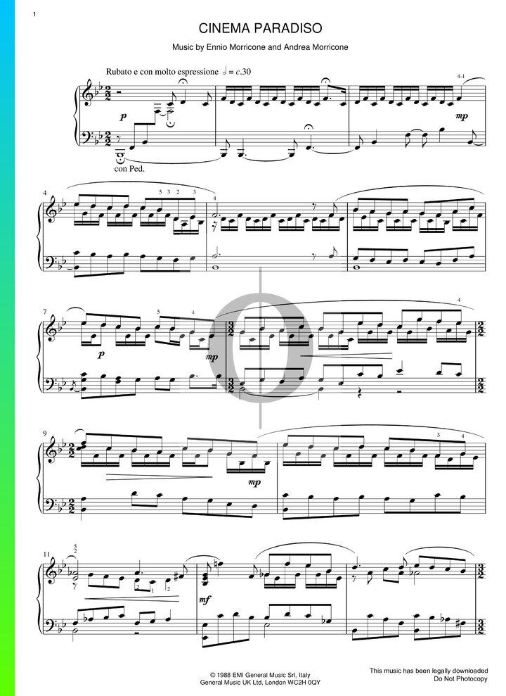 Cinema Paradiso Piano Sheet Music from Cinema Paradiso by Ennio ...