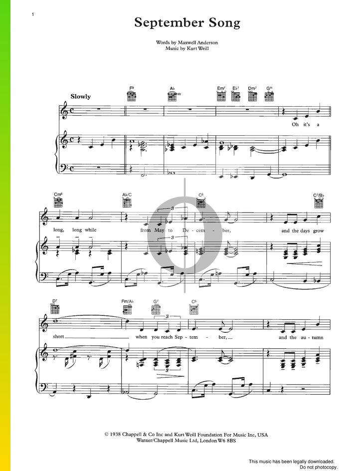 September Song (Walter Huston) Piano Sheet Music - OKTAV