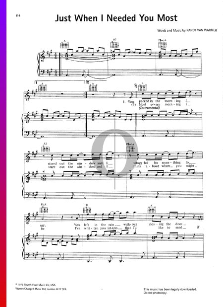 Just When I Needed You Most Sheet Music