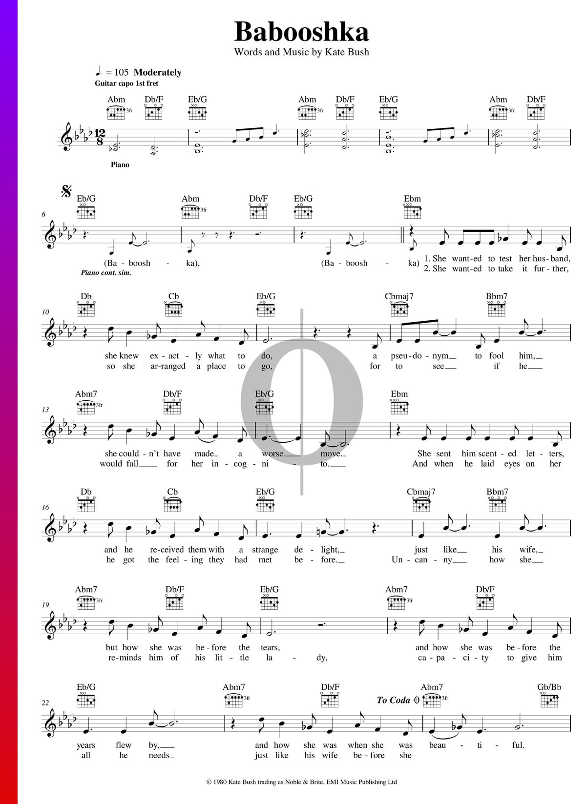 Babooshka Sheet Music Piano Voice Guitar Pdf Download Streaming Oktav Released as a single in june 1980, it spent 10 weeks in the uk chart, peaking at number five. babooshka sheet music piano voice