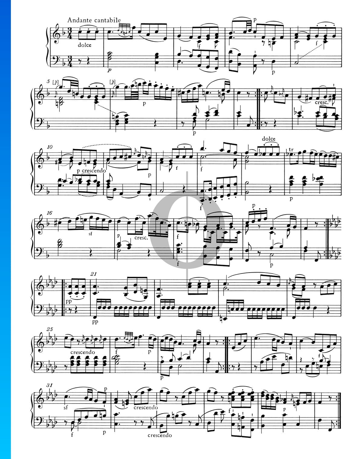 fuga de la prisión músico Catastrófico Sonata para piano n.º 10 en do mayor, KV 330 (300h): 2. Andante cantabile  Partitura » Wolfgang Amadeus Mozart (Piano Solo) | Descarga PDF - OKTAV