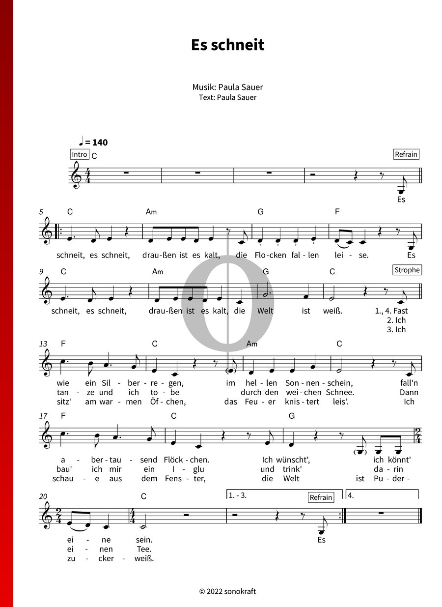 Es Schneit Es Schneit Kommt Alle Aus Dem Haus Text Es schneit (Paula Sauer) Piano Sheet Music - OKTAV