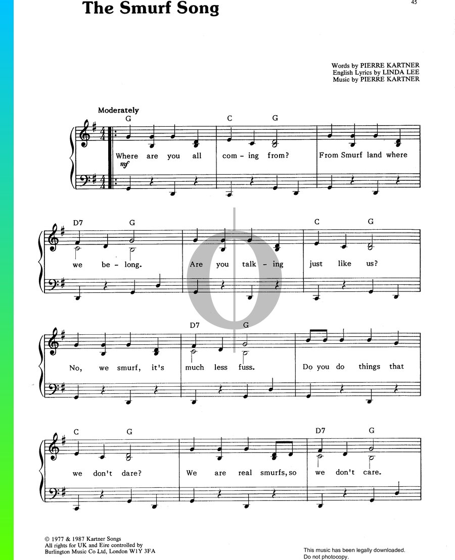 The Smurf Song Piano Sheet Music from by Father Abraham - OKTAV