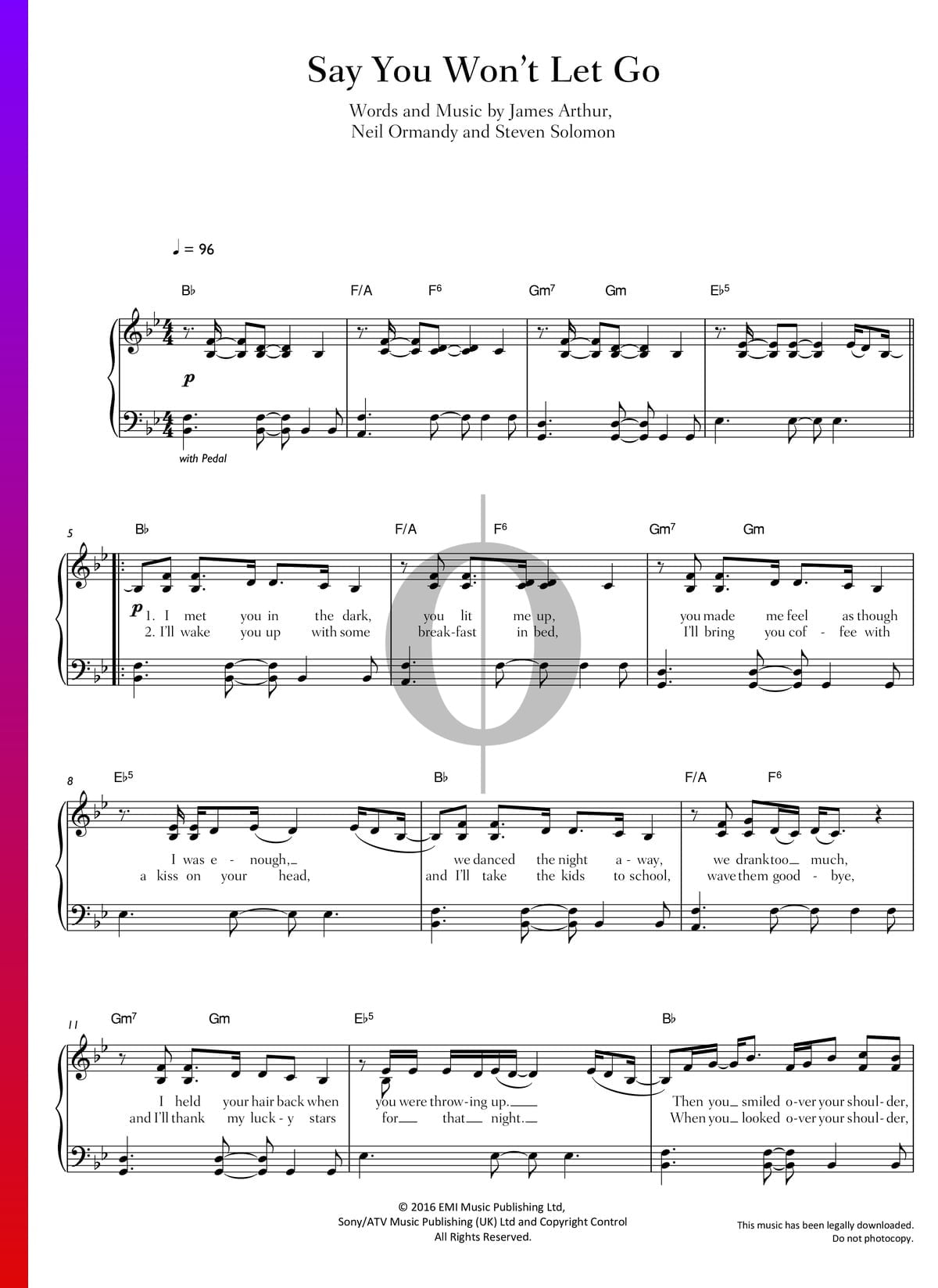 Say You Won't Let Go - James Arthur Sheet music for Piano (Solo)