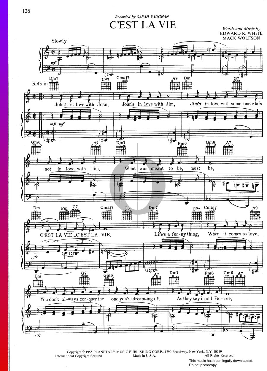 C'Est La Vie (Sarah Vaughan) Piano Sheet Music - OKTAV