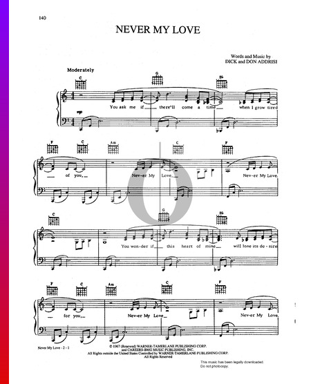 Never My Love Sheet Music