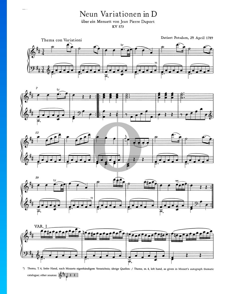 9 Variations in D Major, KV 573 (Wolfgang Amadeus Mozart) Piano Sheet ...