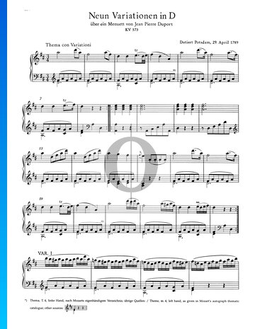Neun Variationen in D-Dur, KV 573 Musik-Noten