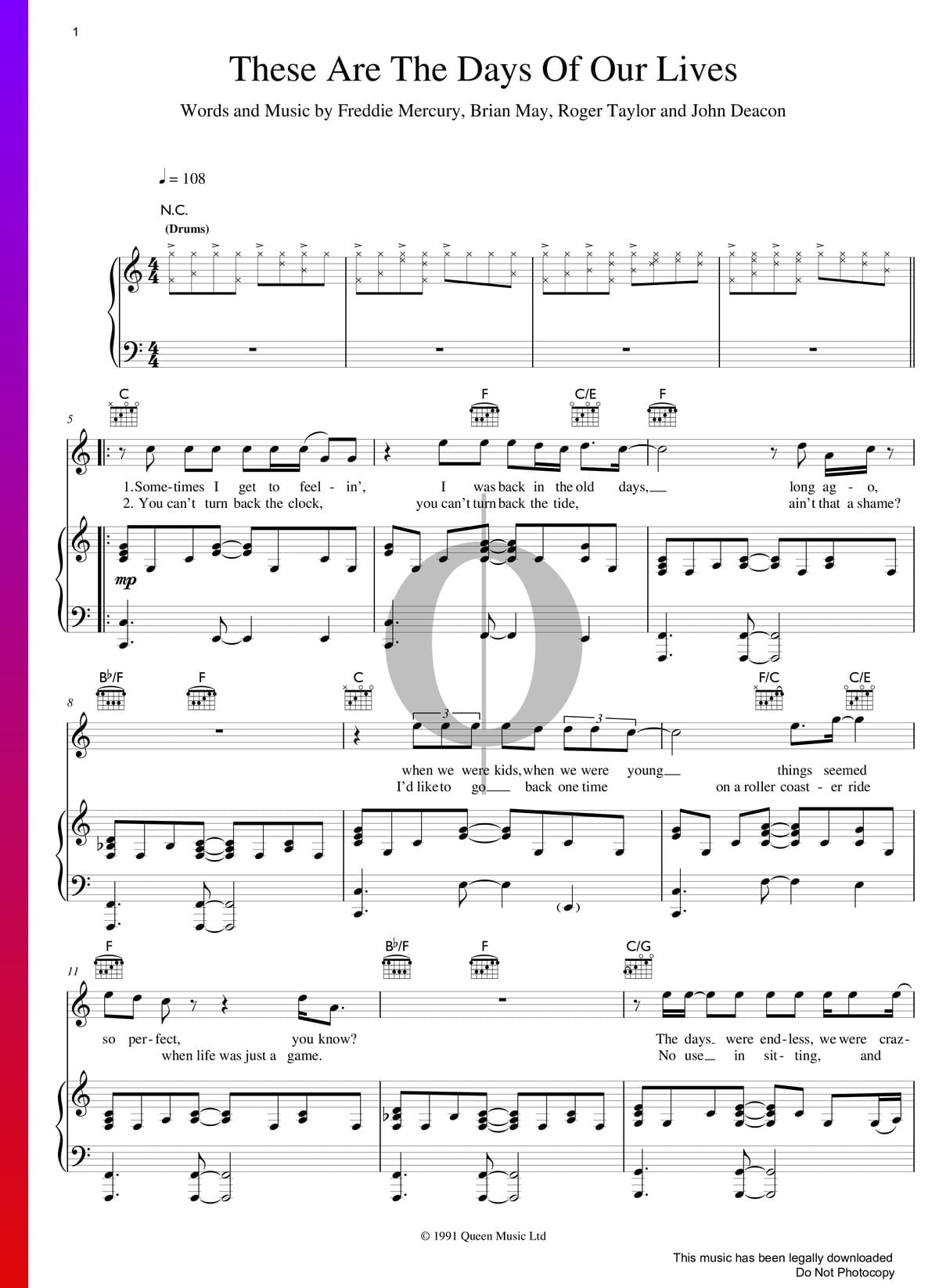 These Are The Days Of Our Lives Sheet Music Piano Voice Guitar Pdf Download Streaming Oktav