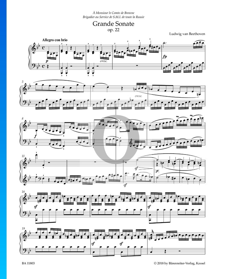 Grande Sonate In B-Dur, Op. 22 Nr. 11: 1. Allegro Con Brio Klaviernoten ...