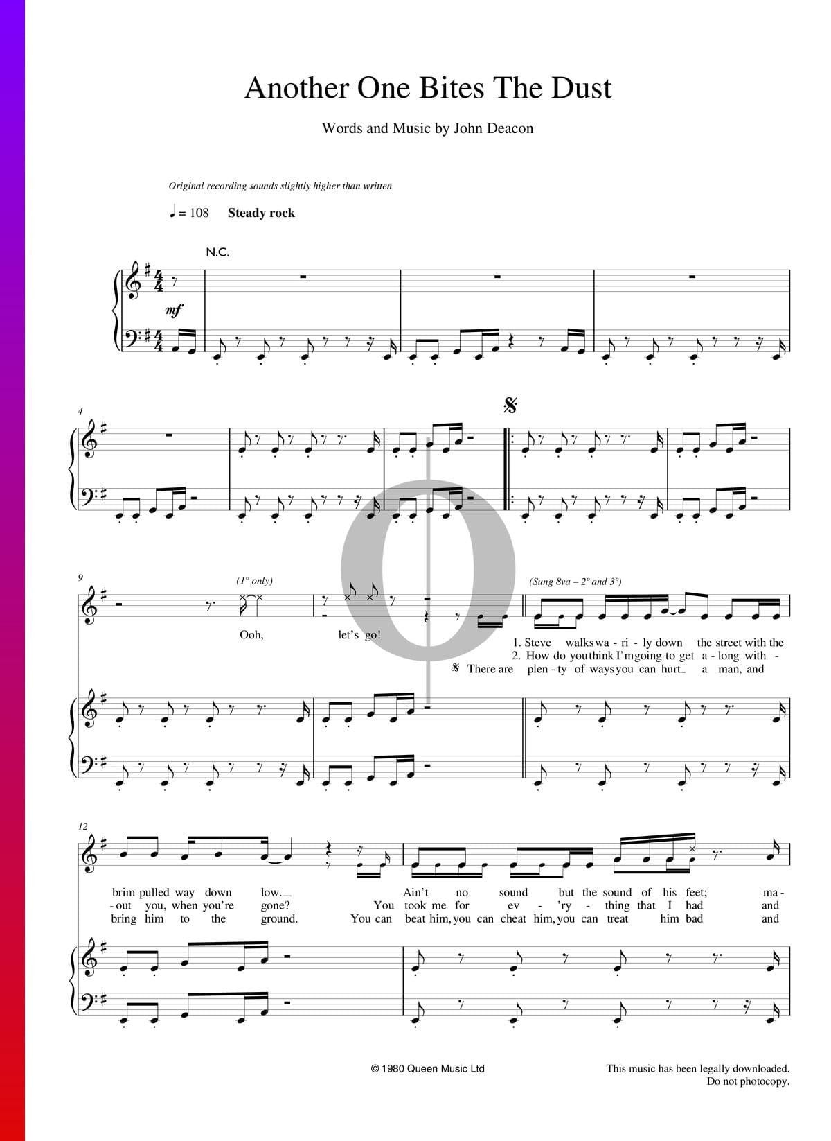 Another One Bites The Dust, (intermediate) sheet music for piano solo