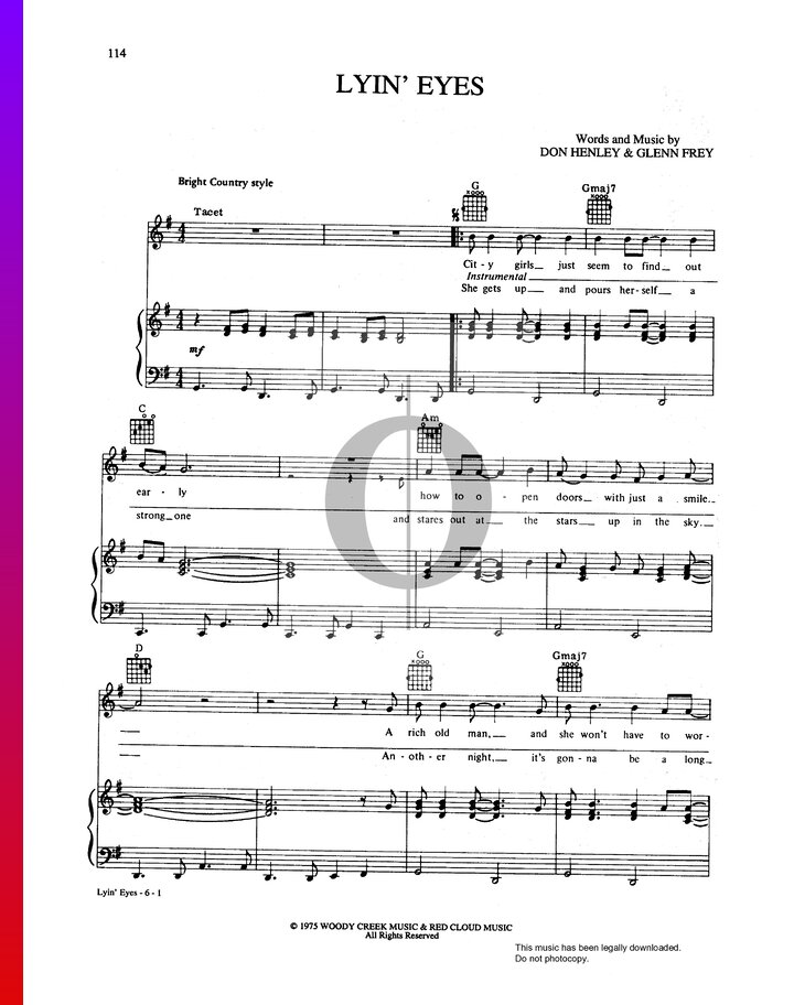 Lyin' Eyes (Eagles) Piano Sheet Music - OKTAV