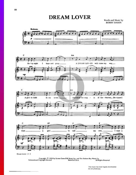 Dream Lover Sheet Music Piano Voice Pdf Download Streaming Oktav