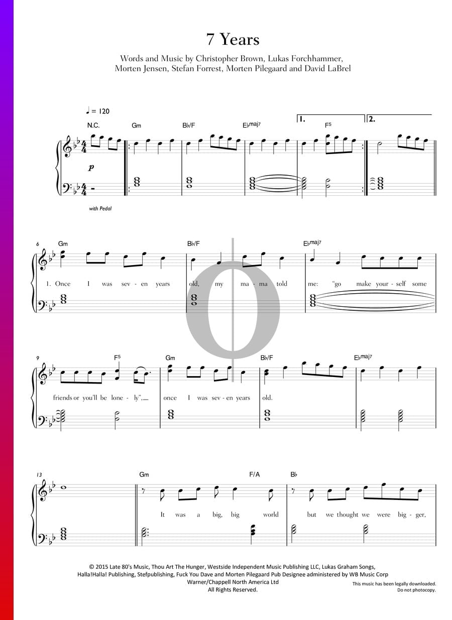 7 Years (Lukas Graham) Piano Sheet Music - OKTAV