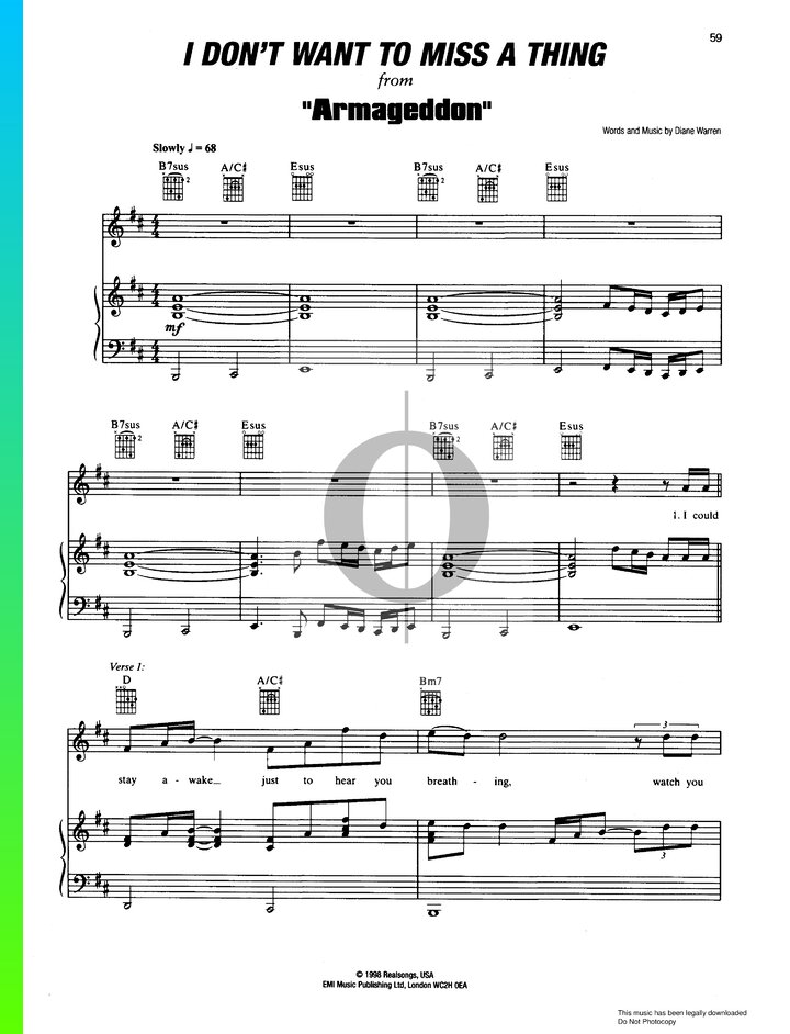 I Don t Want To Miss A Thing Sheet Music From Armageddon By Aerosmith 