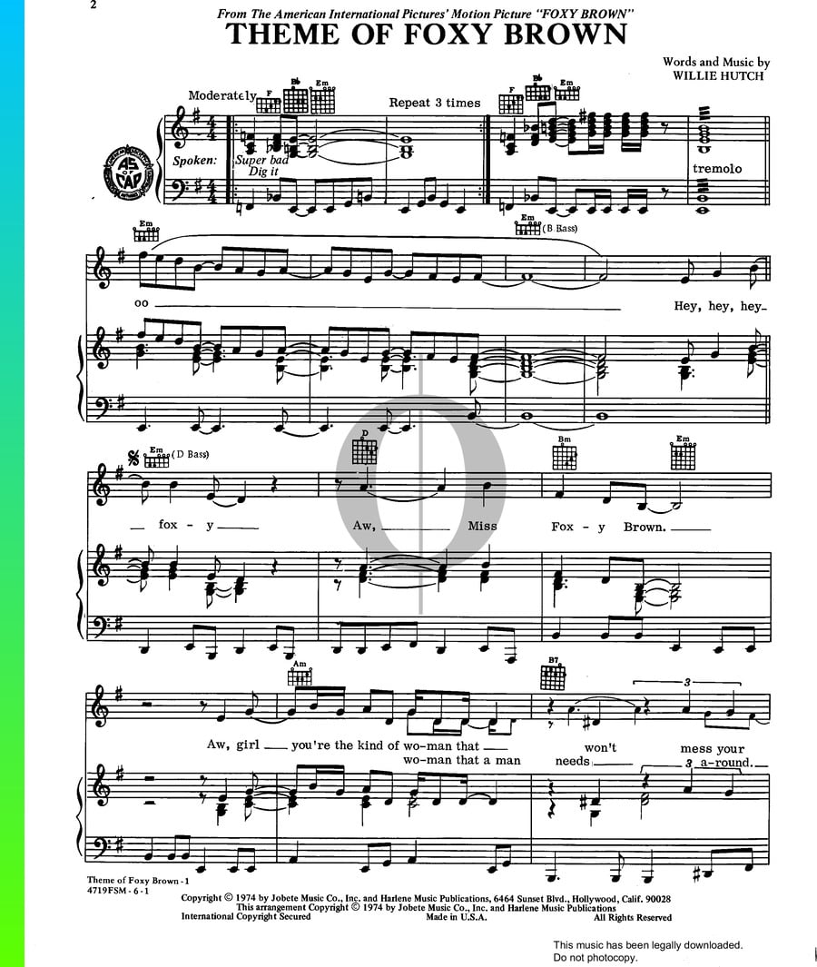 Foxy Brown Theme Sheet Music From Foxy Brown By Willie Hutch 