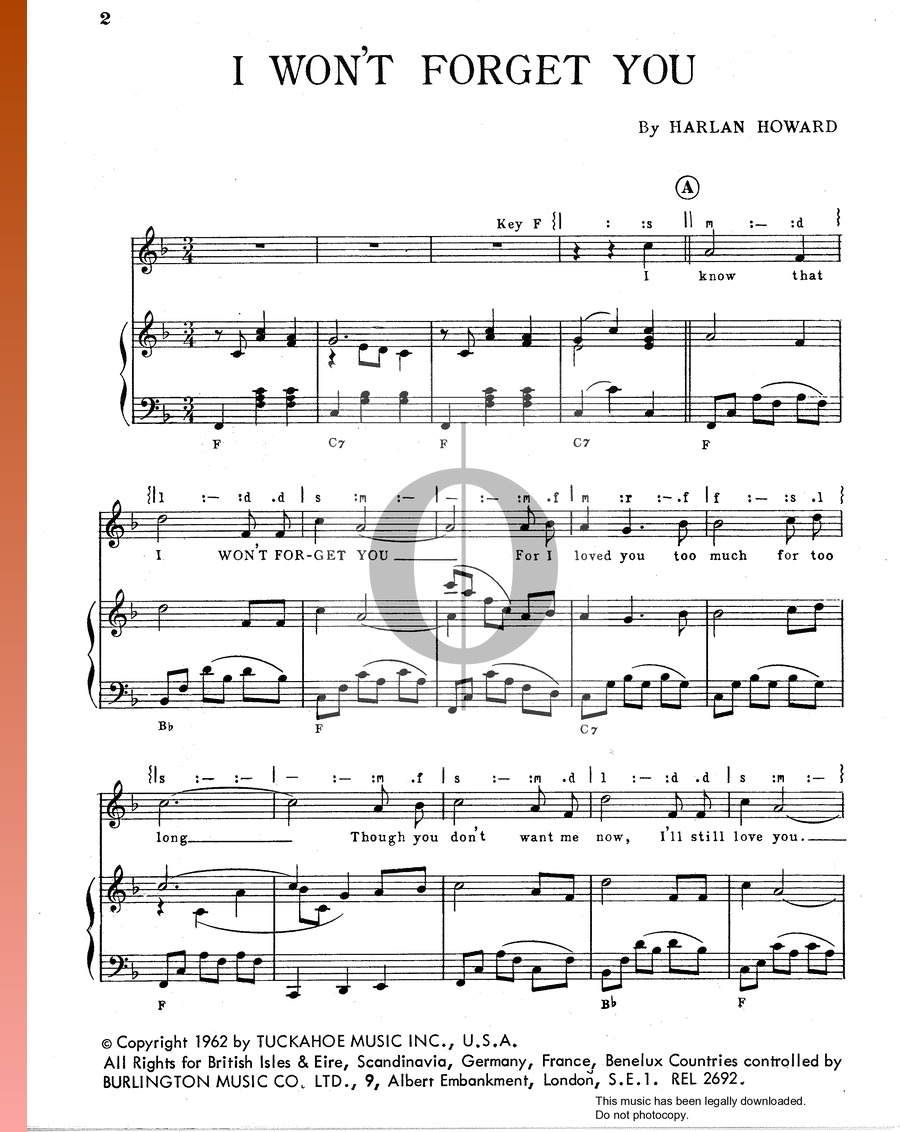 I Won't Forget You (Jim Reeves) Piano Sheet Music - OKTAV