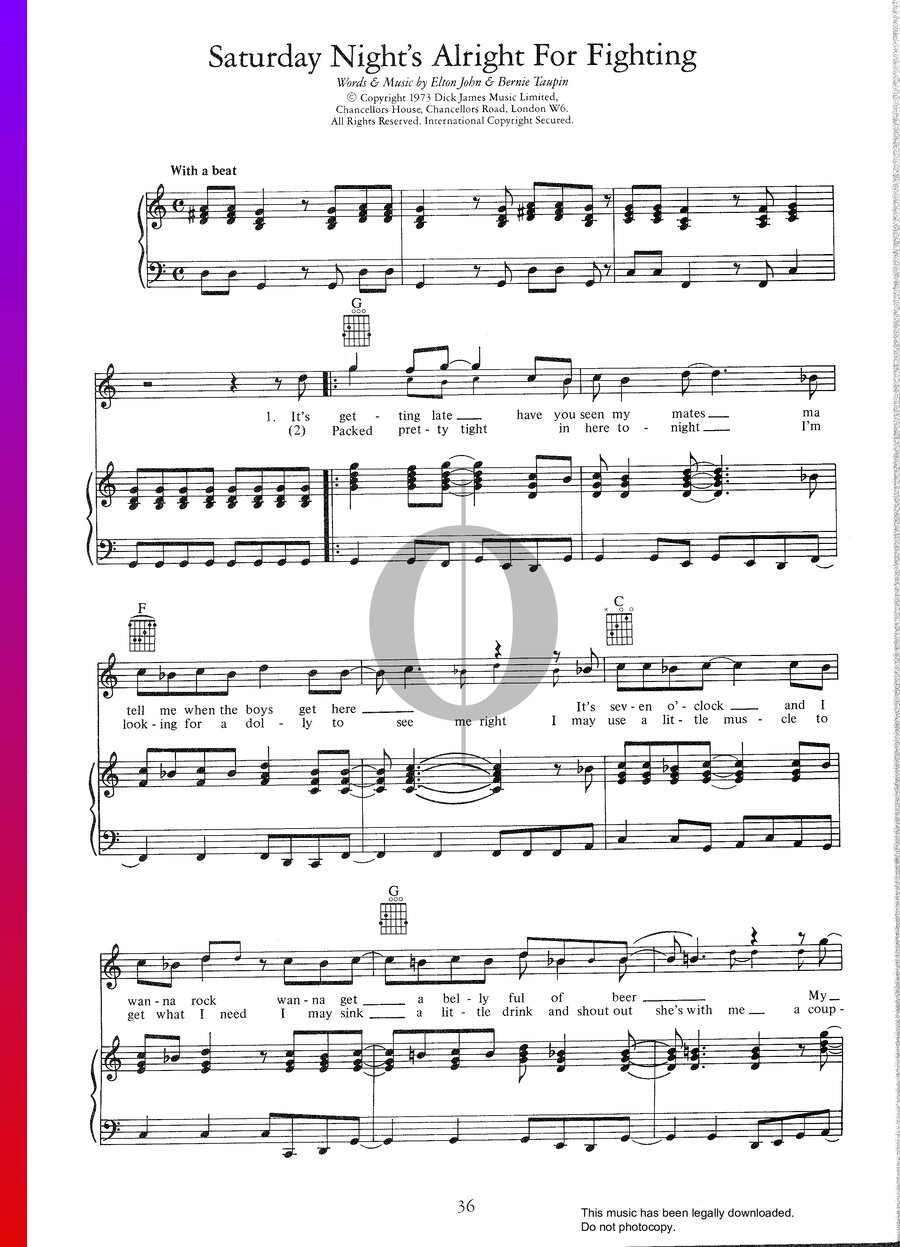 Saturday Night's Alright (For Fighting) (Elton John) Piano Sheet Music ...