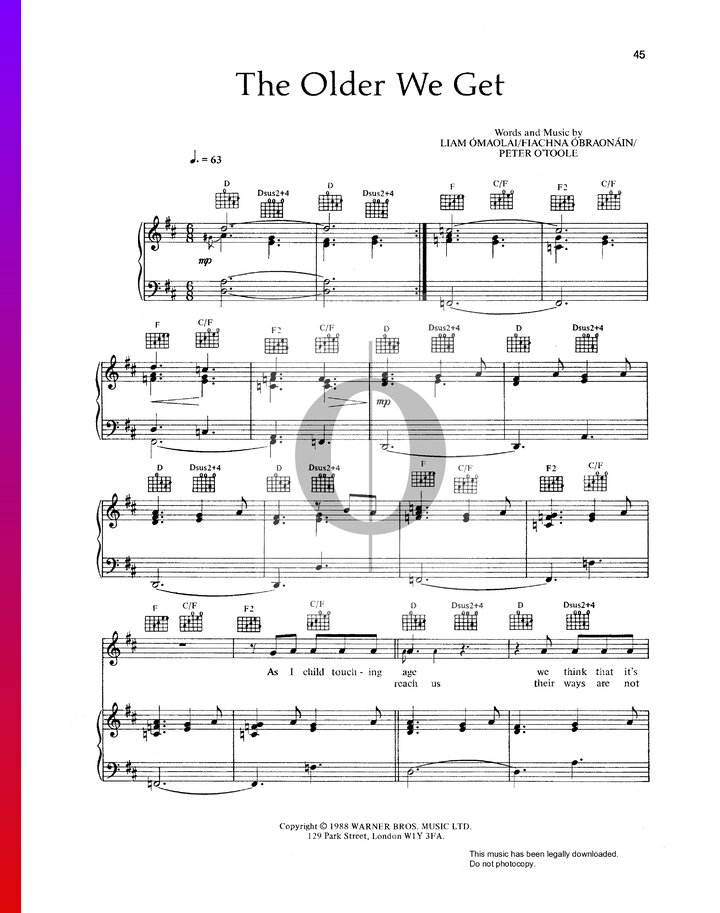 The Older We Get (Hothouse Flowers) Piano Sheet Music OKTAV
