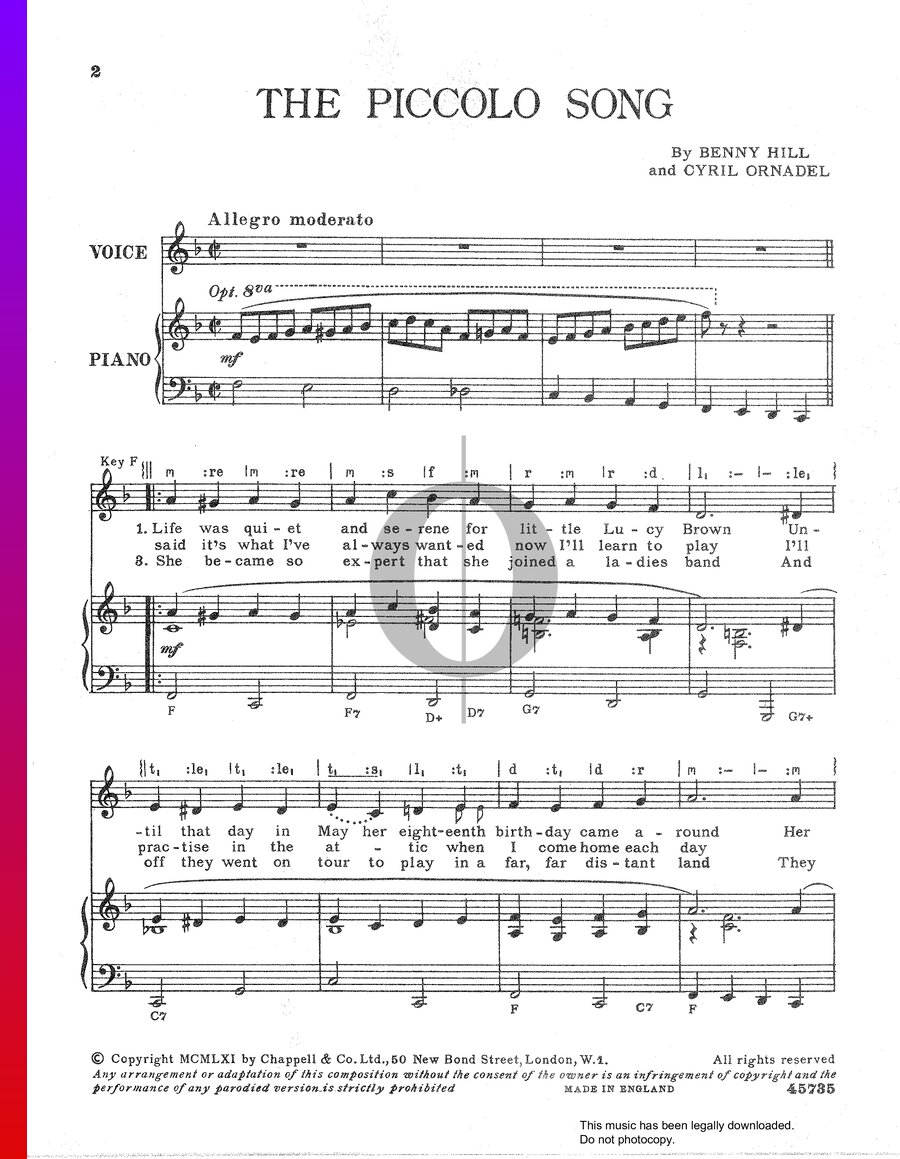 The Piccolo Song (Benny Hill) Piano Sheet Music OKTAV