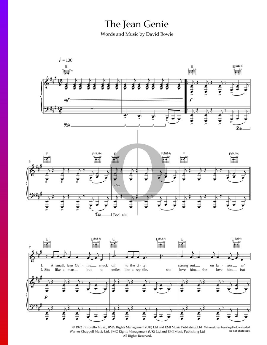 The Jean Genie door David Bowie piano bladmuziek (Piano, Stem, Gitaar