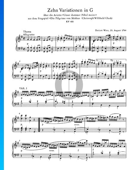 Zehn Variationen in G-Dur, KV 455 Musik-Noten
