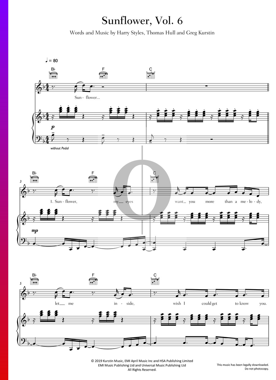 Sunflower, Vol.6 (Harry Styles) Piano Sheet Music OKTAV