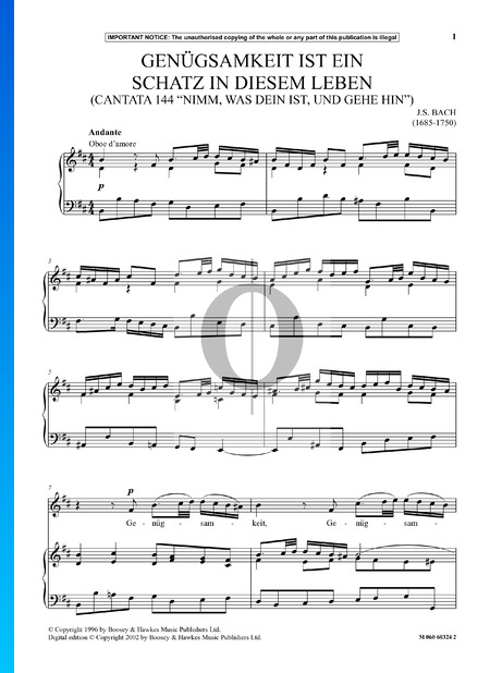 Nimm was dein ist, und gehe hin, BWV 144: Genuegsamkeit ist ein Schatz in diesem Leben Partitura