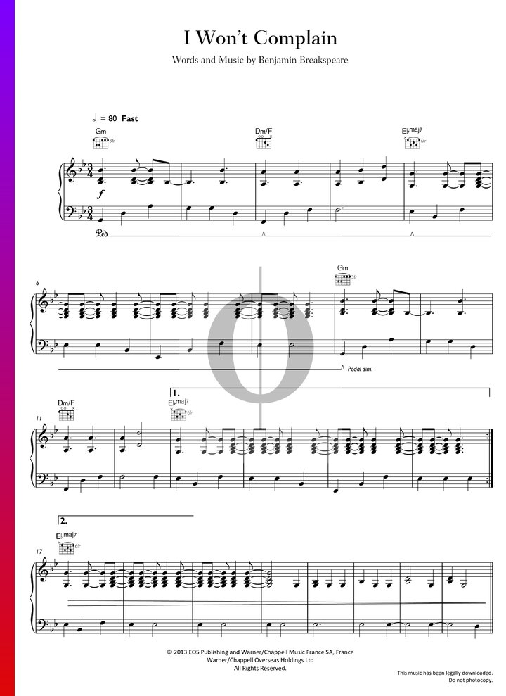 I Won t Complain Sheet Music Piano Guitar Voice PDF Download OKTAV