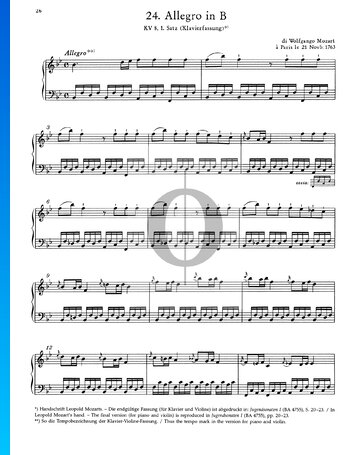 Allegro in B-Dur, KV 8: 1. Satz Musik-Noten