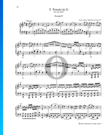 Sonata para piano n.º 5 en sol mayor, KV 283 (189h): 1. Allegro Partitura