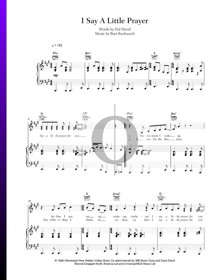 I Say A Little Prayer übersetzung Text I Say A Little Prayer (Burt Bacharach) Piano Sheet Music - OKTAV