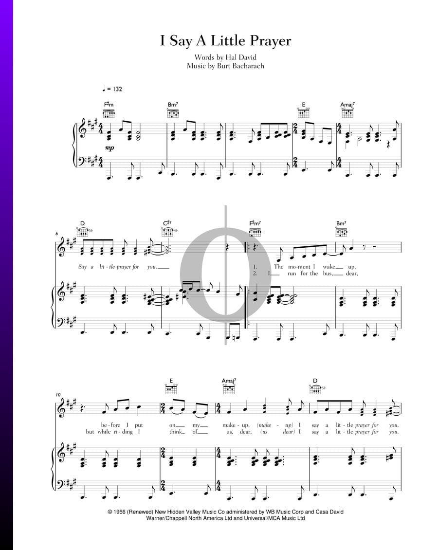 I Say A Little Prayer (Burt Bacharach) Piano Sheet Music - OKTAV