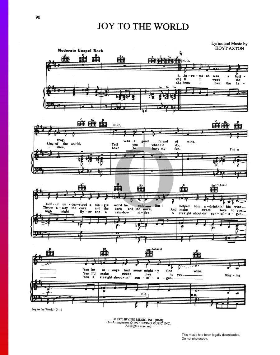 Joy To The World Sheet Music (Piano, Guitar, Voice)  OKTAV