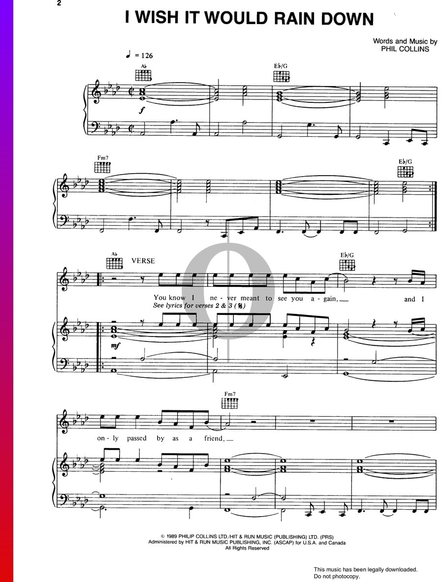 I Wish It Would Rain Down (Phil Collins) Piano Sheet Music OKTAV