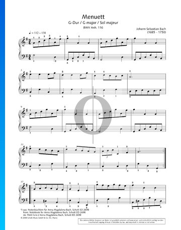 Partition Menuet en Sol Majeur, BWV Anh. 116
