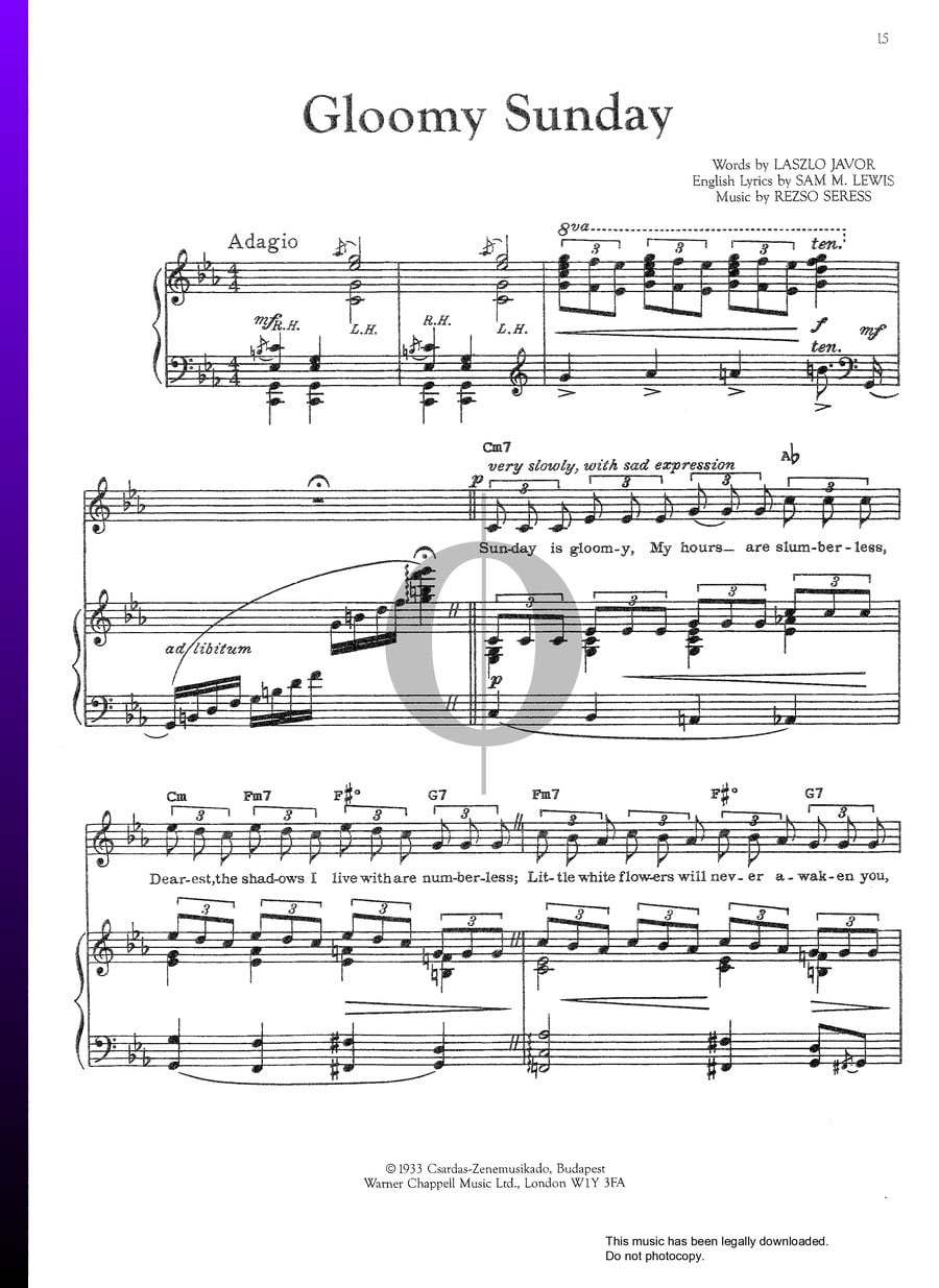 Gloomy Sunday (Billie Holiday) Piano Sheet Music OKTAV