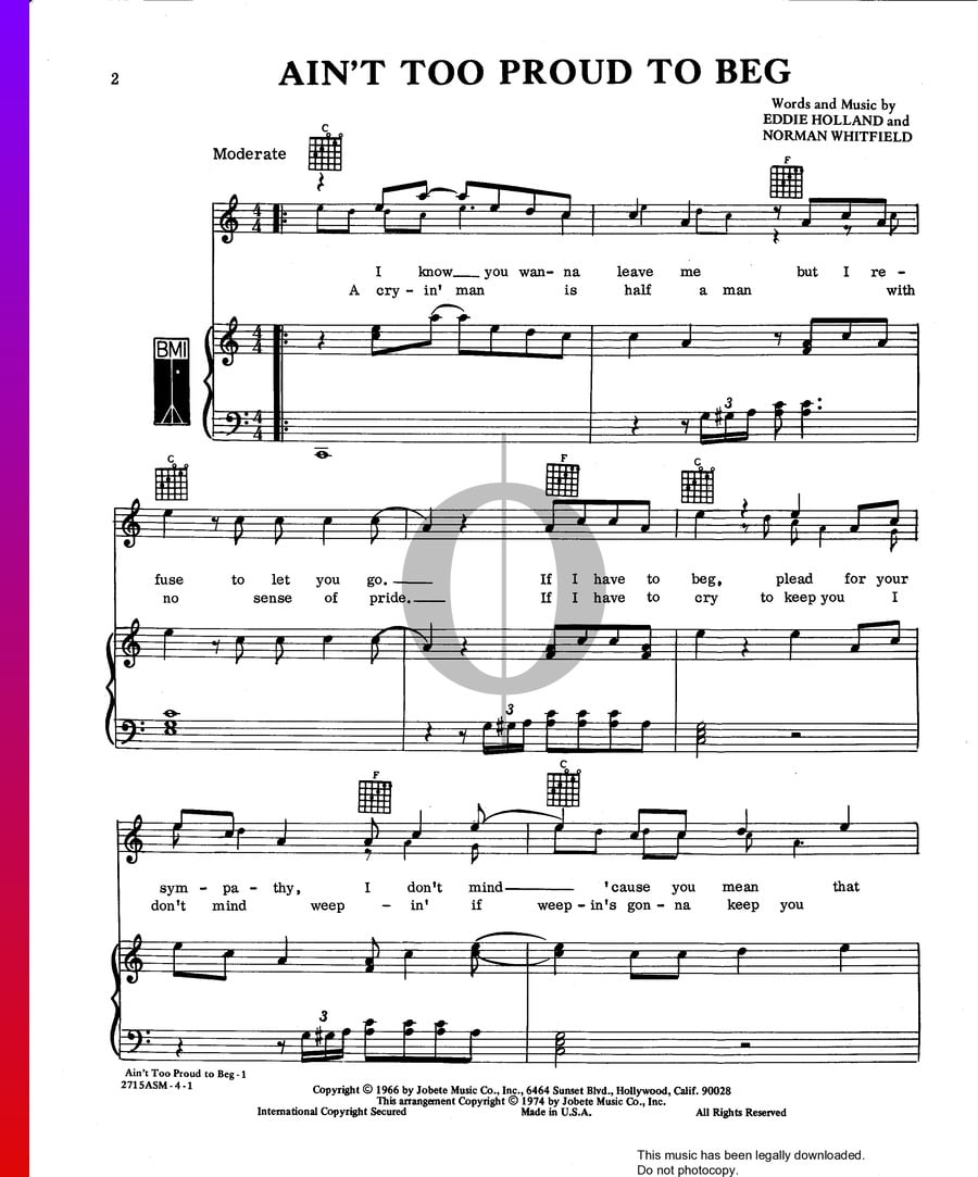 Ain't Too Proud To Beg Sheet Music (Piano, Voice, Guitar) OKTAV