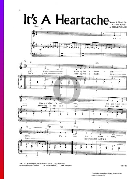 It's A Heartache Sheet Music