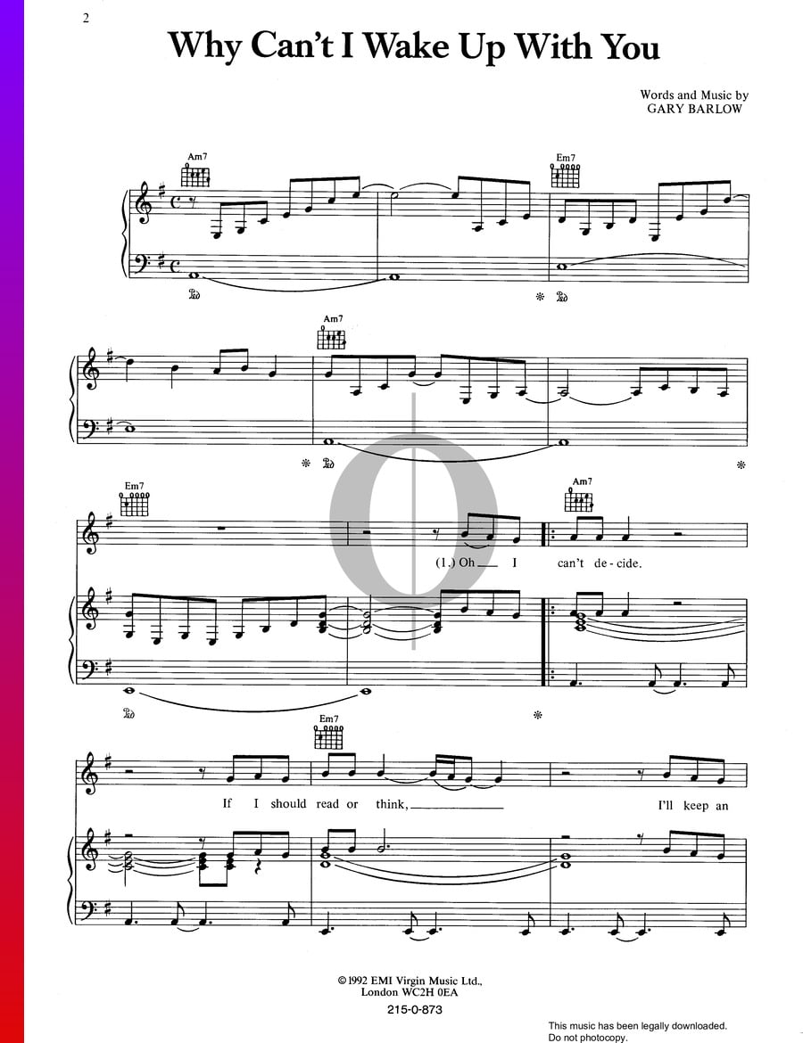 Why Can't I Wake Up With You (Take That) Piano Sheet Music OKTAV