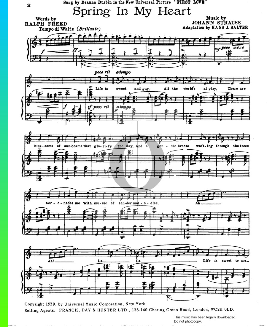 Spring In My Heart Piano Sheet Music from First Love by Deanna Durbin