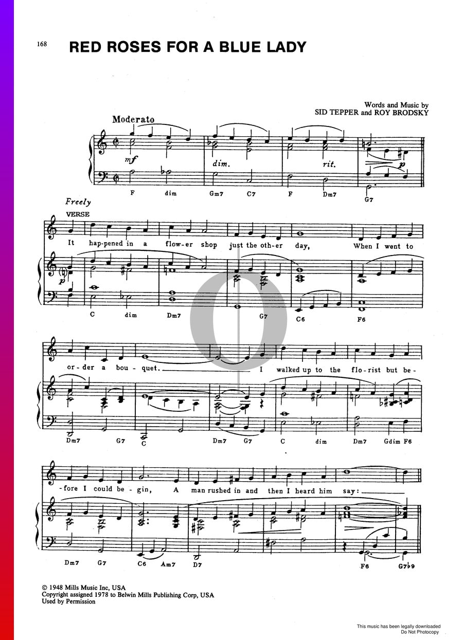 Red Roses For A Blue Lady (Vic Dana) Piano Sheet Music OKTAV