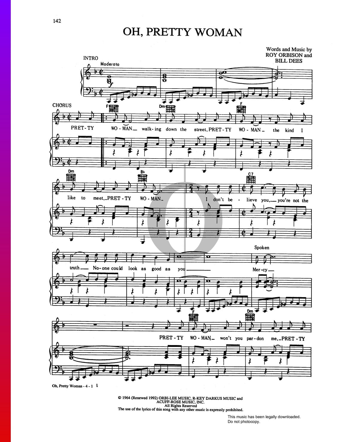 cinta Señor lantano Oh, Pretty Woman Partitura » Roy Orbison (Piano, Voz, Guitarra) | Descarga  PDF - OKTAV
