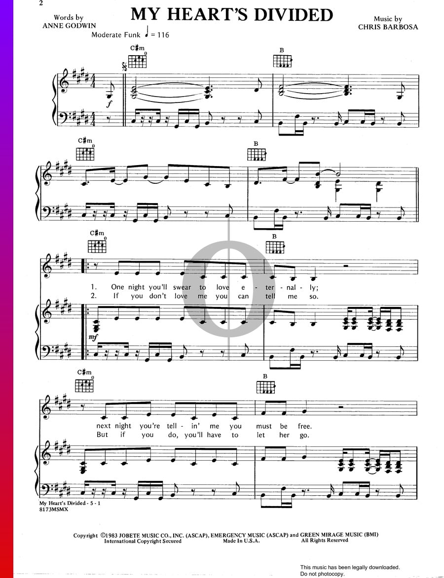 My Heart's Divided Sheet Music (Piano, Guitar, Voice) - OKTAV