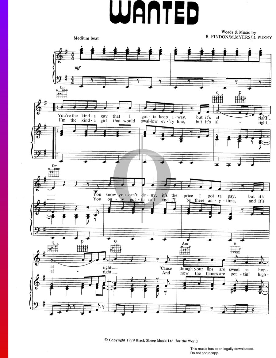 Wanted (The Dooleys) Piano Sheet Music OKTAV